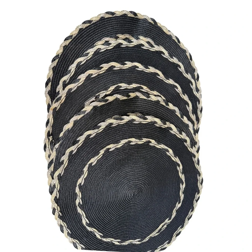 Set of 5 Round Black Woven Placemats with Tan Braided Trim 15 Inch Boho Decor